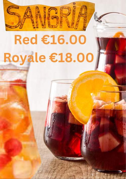 Sangria rød & royale — Traditionel spansk sangria med både den klassiske røde variant og premium Royal — fås hos Brunchi.shop, Marina Rubicon, Playa Blanca