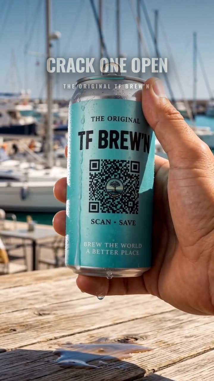Berea artizanală TF Brew'n la Brunchi.shop, Marina Rubicon Mână ținând o doză de bere artizanală TF Brew'n IPA pe terasa Brunchi.shop cu vedere la portul Marina Rubicon, Playa Blanca